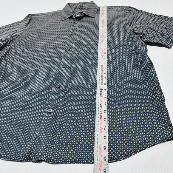 Theory Shirt Size L Navy Blue White Geometric Print Short Sleeve Button Up - Picture 4 of 7